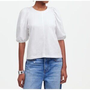 Madewell Womens Puff-Sleeve Tee~Size Small~White Ruffle Cotton Top L9 29
